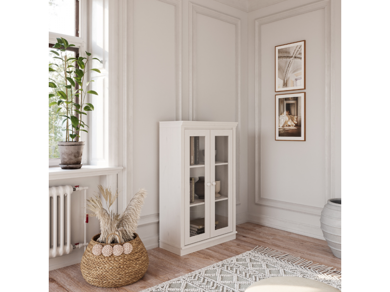 Estante de madeira com 1,19 m no acabamento branco lavado com duas portas de vidro/ Coleção biblioteca